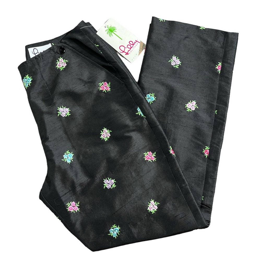 Lilly Pulitzer Vintage Black Silk Floral Embroidered Pants Size 6 NWT